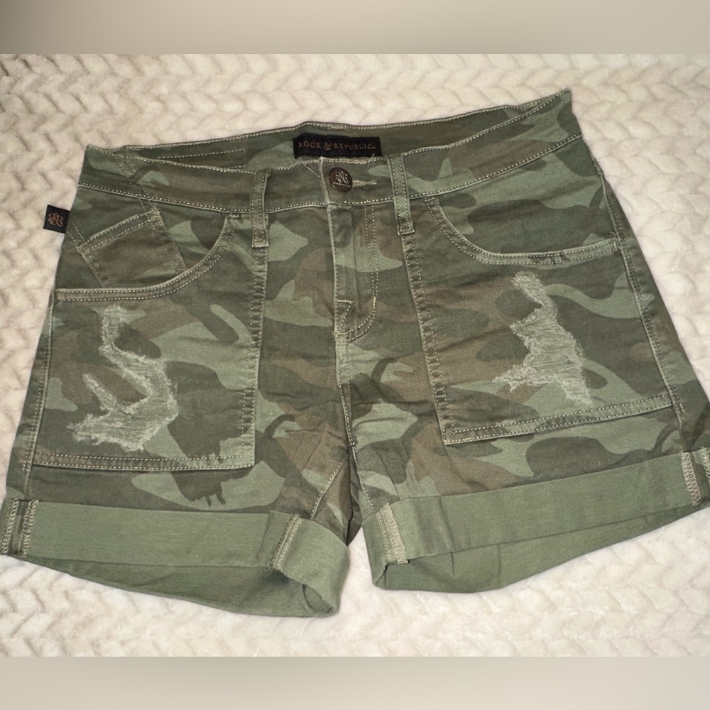 Rock & Republic Camo Green Folded-Hem Jean Shorts